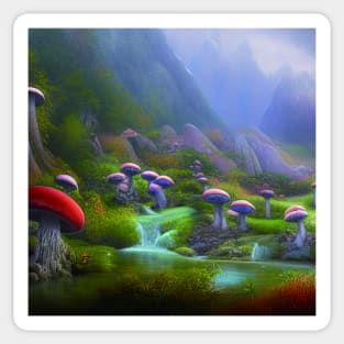 Beautiful Landscape Painting with mountains and big mushrooms, Mushrooms Sticker